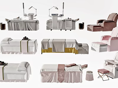 Various Design Massage Beds In Soft Neutral Colors With Stools And Lamps For Spa 3d model