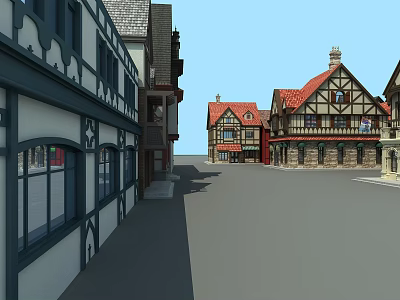 Traditional Commercial Street With Tudor Style Buildings Red Roofs And Wooden Frames 3d model