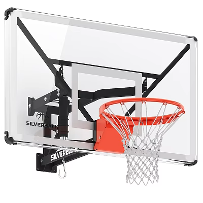 Sturdy Silverback Wall Mounted Basketball Hoop with Transparent Backboard Red Rim and Net for Fitness 3d model