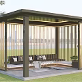 Modern Outdoor Pergola With Vertical Slat Design Sofa Coffee Table And Lake View Setting