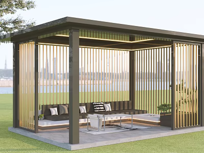 Modern Outdoor Pergola With Vertical Slat Design Sofa Coffee Table And Lake View Setting 3d model