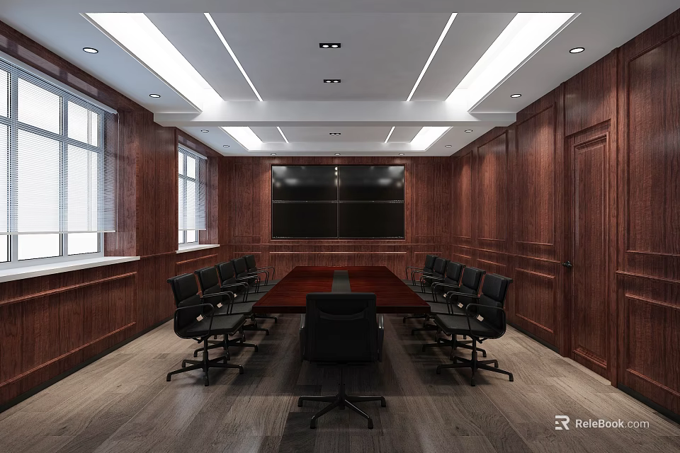 Spacious Conference Room With Wooden Panel Walls Large Table Black Chairs And Big Screen 3d model 