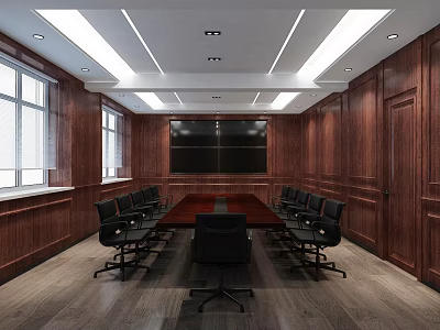 Spacious Conference Room With Wooden Panel Walls Large Table Black Chairs And Big Screen 3d model