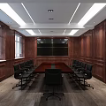Spacious Conference Room With Wooden Panel Walls Large Table Black Chairs And Big Screen