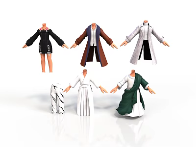 Various Clothing Models With Different Styles Including Black Dress Brown Coat And Green Robe 3d model