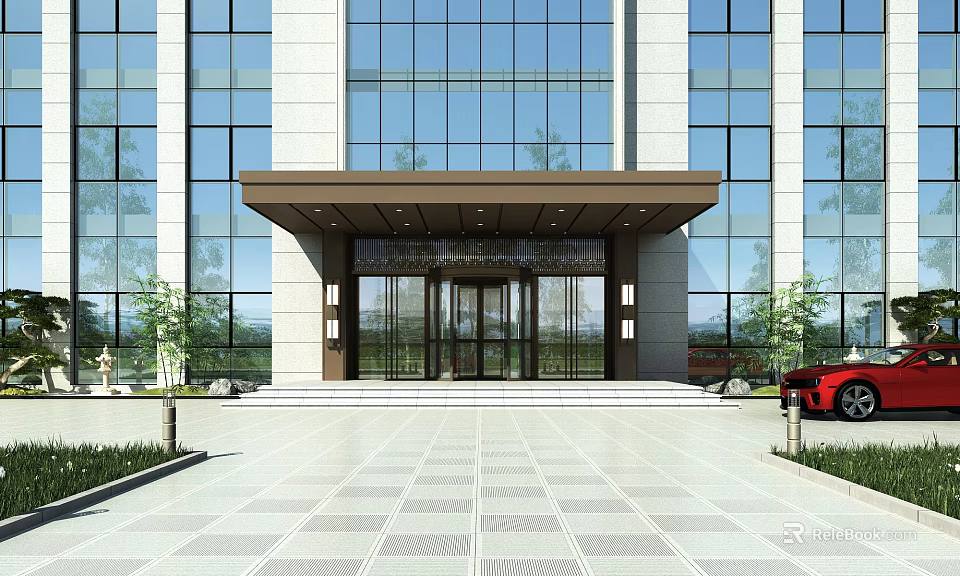 Modern Commercial Building Main Entrance With Glass Doors Brown Awning Tiled Pavement And Glass Windows 3d model 