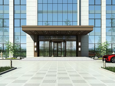 Modern Commercial Building Main Entrance With Glass Doors Brown Awning Tiled Pavement And Glass Windows 3d model
