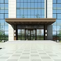 Modern Commercial Building Main Entrance With Glass Doors Brown Awning Tiled Pavement And Glass Windows