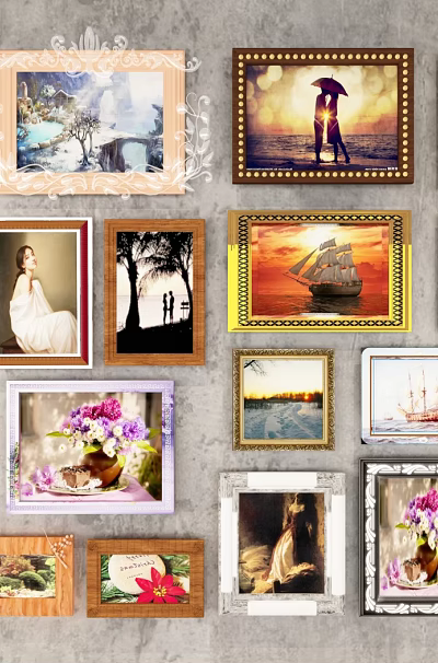 Decorative Photo Wall With Various Frames Featuring Family Portraits Landscapes And Floral Prints 3d model
