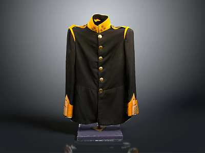 Black military style jacket with yellow collar cuffs and gold buttons on display stand 3d model