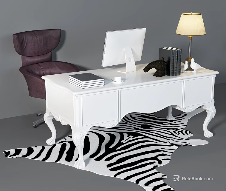 White Office Desk With Computer Monitor Books Table Lamp Purple Chair And Zebra Print Rug 3d model 