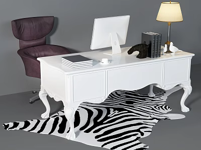 White Office Desk With Computer Monitor Books Table Lamp Purple Chair And Zebra Print Rug 3d model