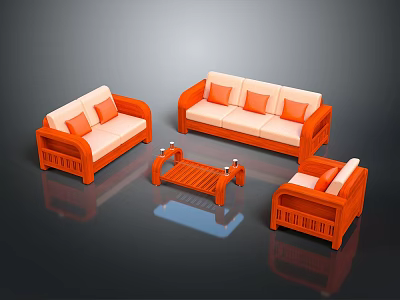 Orange Frame Living Room Furniture Set With Sofa Armchairs And Coffee Table 3d model