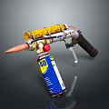 Homemade Weapon With Yellow Cylinder Blue Canister Labeled 40 Black Grip And Metal Nozzle