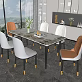 Modern Dining Table Set With Marble Top Grey White Orange Chairs Large Windows And Decor 3d model
