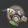 Armored Mythical Creature With Glowing Eyes Green Container Backpack And Yellow Liquid Base