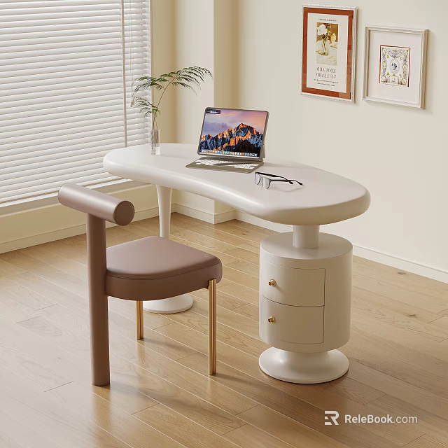 Modern White Desk With Laptop Glasses Beside Brown Chair Near Blinds Plant And Wall Art 3d model 