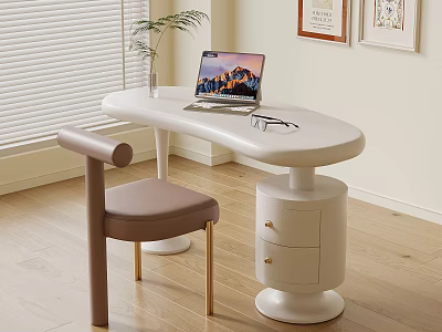 Modern White Desk With Laptop Glasses Beside Brown Chair Near Blinds Plant And Wall Art 3d model