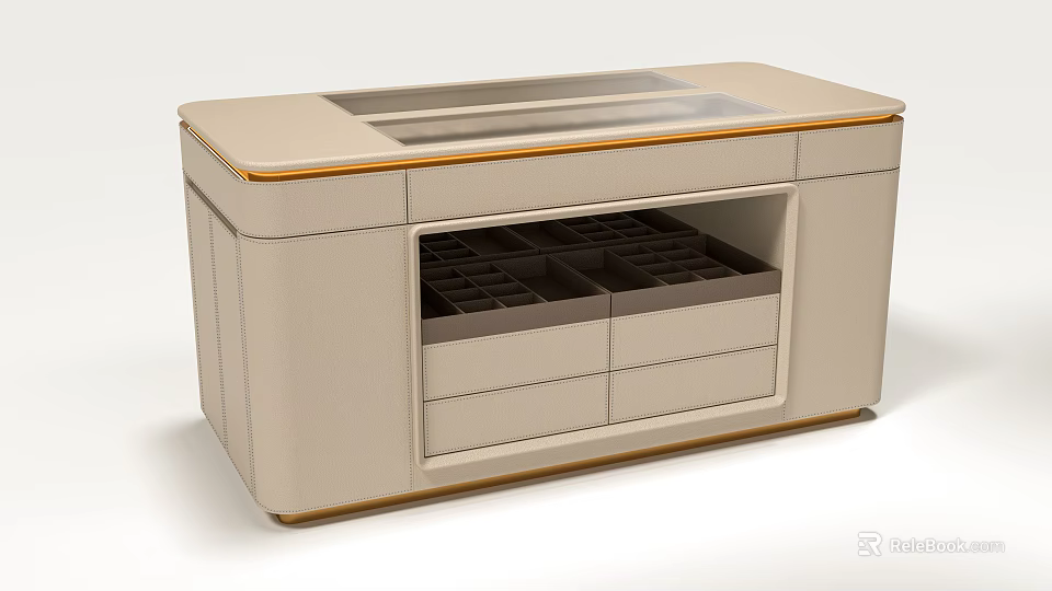 Cream Colored Island Cabinet With Transparent Top Drawers And Wooden Trim 3d model 