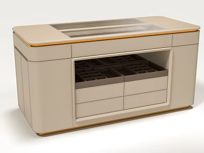 Cream Colored Island Cabinet With Transparent Top Drawers And Wooden Trim 3d model