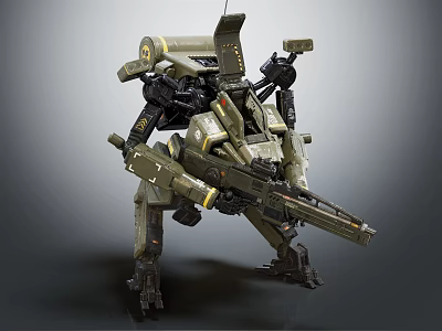 Futuristic Military Mecha Warrior With Green Armor And Heavy Mechanical Weapon 3d model