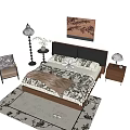 Double Bed With Wooden Frame Black Headboard Patterned Bedding And Bedside Lamps 3d model
