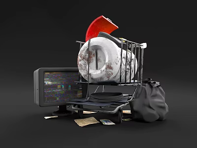 Household Items in Vintage Shopping Cart with Pot Red Lid TV Papers Cards Black Bag 3d model