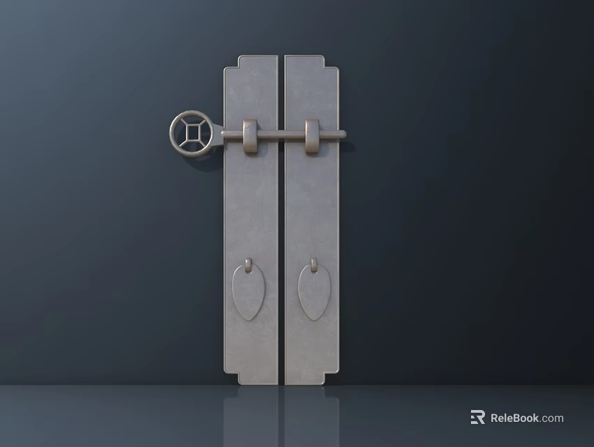 Classic Metal Door Handle With Decorative Lock On Double Wooden Doors 3d model 