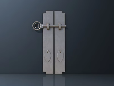 Classic Metal Door Handle With Decorative Lock On Double Wooden Doors 3d model