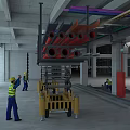 Industrial Building Interior With Red Pipes Scissor Lifts And Concrete Structure
