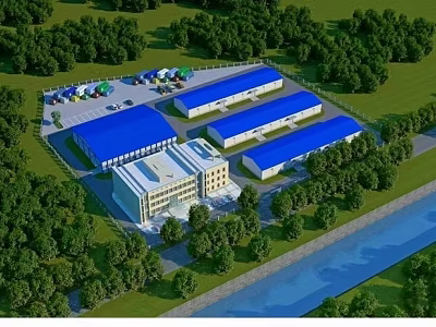 Scenic Industrial Factory Complex With Blue Roofs Surrounded by Green Trees and River 3d model