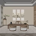 Traditional Chinese Tea Room Interior With Three Landscape Paintings Wooden Furniture Tea Sets And Bookshelves