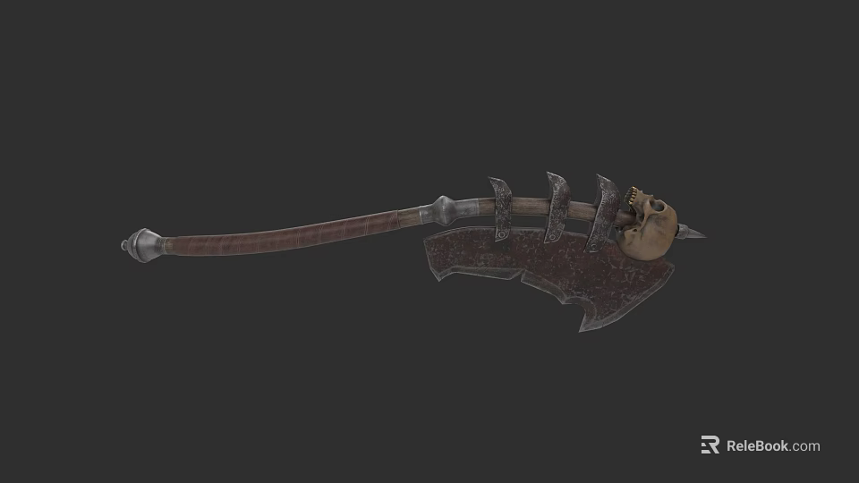 Medieval Battle Axe With Skull Decoration Wooden Handle And Metal Blade 3d model 