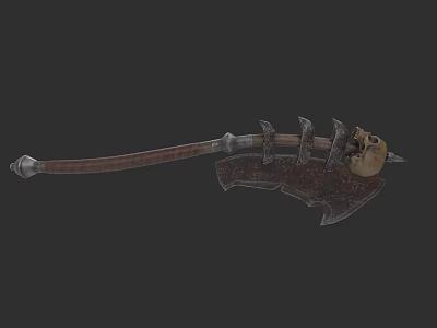Medieval Battle Axe With Skull Decoration Wooden Handle And Metal Blade 3d model