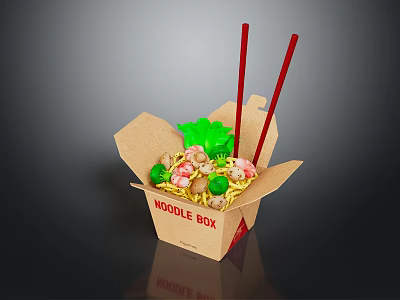 Tasty Noodles in Takeout Noodle Box with Fresh Vegetables and Red Chopsticks 3d model
