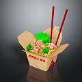Tasty Noodles in Takeout Noodle Box with Fresh Vegetables and Red Chopsticks