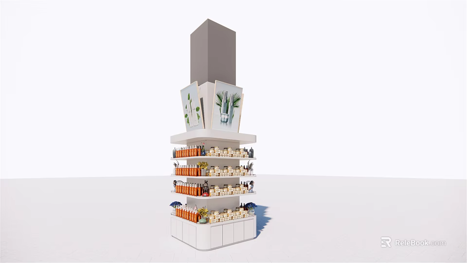 Modern Multi Tier Display Shelves With Various Products And Spacious Design 3d model