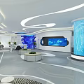 Modern Bank Lobby Interior with White Robot Blue China Map Wall and Circular Reception Desk