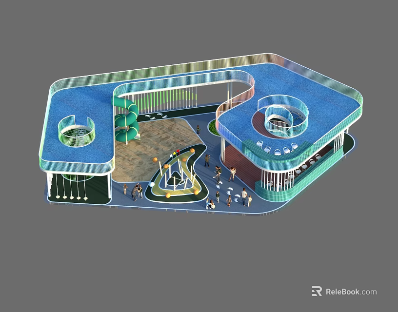 Modern Open Public Living Space With Blue Roof Circular Structure Green Plants Fountain And Seats 3d model 