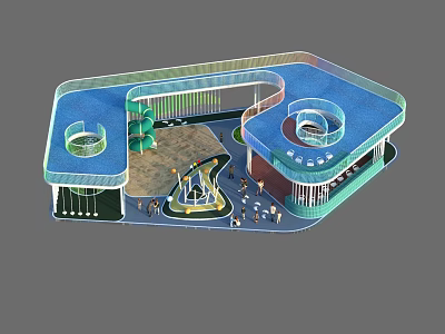 Modern Open Public Living Space With Blue Roof Circular Structure Green Plants Fountain And Seats 3d model