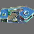 Modern Open Public Living Space With Blue Roof Circular Structure Green Plants Fountain And Seats