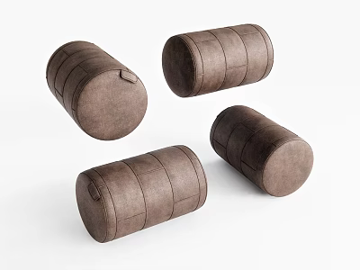 Brown Cylindrical Ottoman Set of Four with Stitched Details and Soft Cushion 3d model
