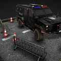 Tactical Police Armored Vehicle Parked With Traffic Cones And Barriers