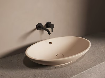 Oval Shaped Light Colored Washbasin With Black Faucet On Gray Countertop And Gray Wall 3d model