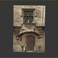 Ancient Stone Building With Wooden Door Decorative Carvings Potted Plants And Traditional Windows
