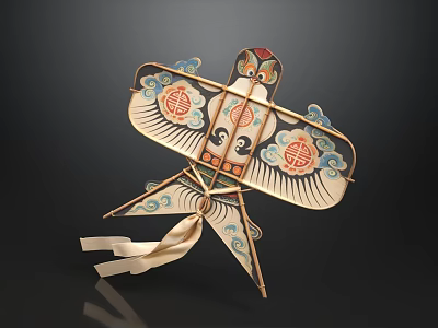 Traditional Chinese Kite With Decorative Patterns And Good Fortune Symbols Wooden Frame 3d model