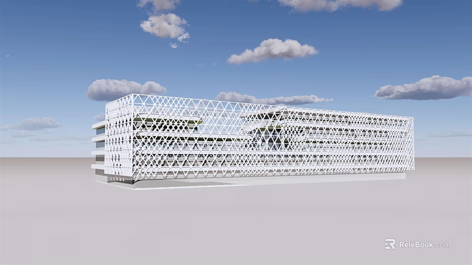 Modern Office Building With White Grid Facade Under Blue Sky and Clouds 3d model