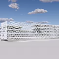Modern Office Building With White Grid Facade Under Blue Sky and Clouds 3d model