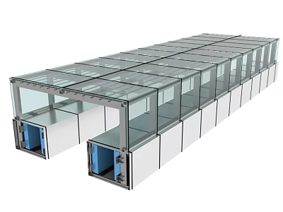Modern Office Building With Glass Curtain Walls Metal Frames Transparent Roof And Blue Entrances 3d model