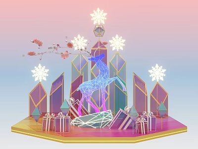 Festive Decorative Scene With Neon Unicorn Snowflakes Geometric Arches And Gift Boxes 3d model
